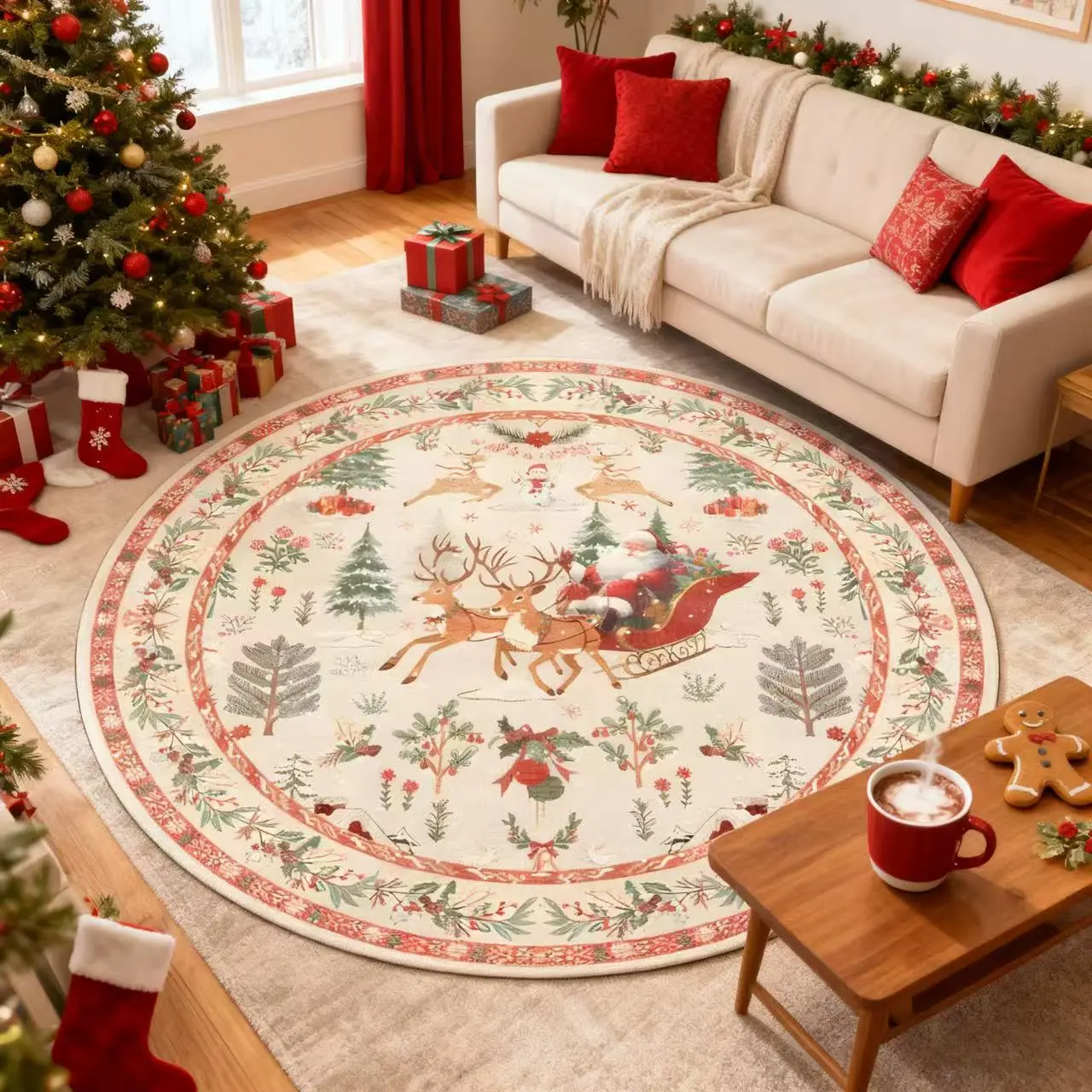Christmas Round Carpet for Living Room, Floral Santa Claus Pattern Home Decorative Rug, Non-Slip Bedroom Mat, Soft Comfortable Sofa Pad, Soft Area Rug