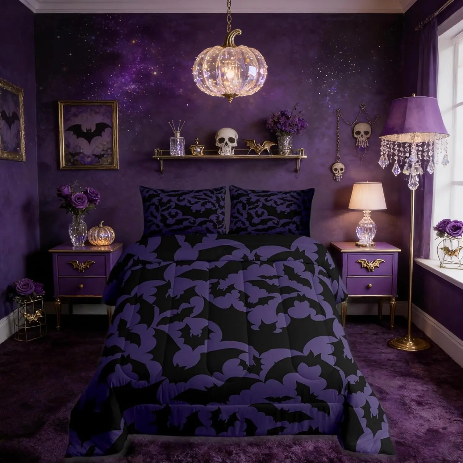 Halloween Themed Bedding Comforters Black Bats Animal Print Comforter Set,Dark Purple Color Children Adult Duvet Set,Soft