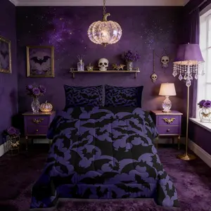Halloween Themed Bedding Comforters Black Bats Animal Print Comforter Set,Dark Purple Color Children Adult Duvet Set,Soft