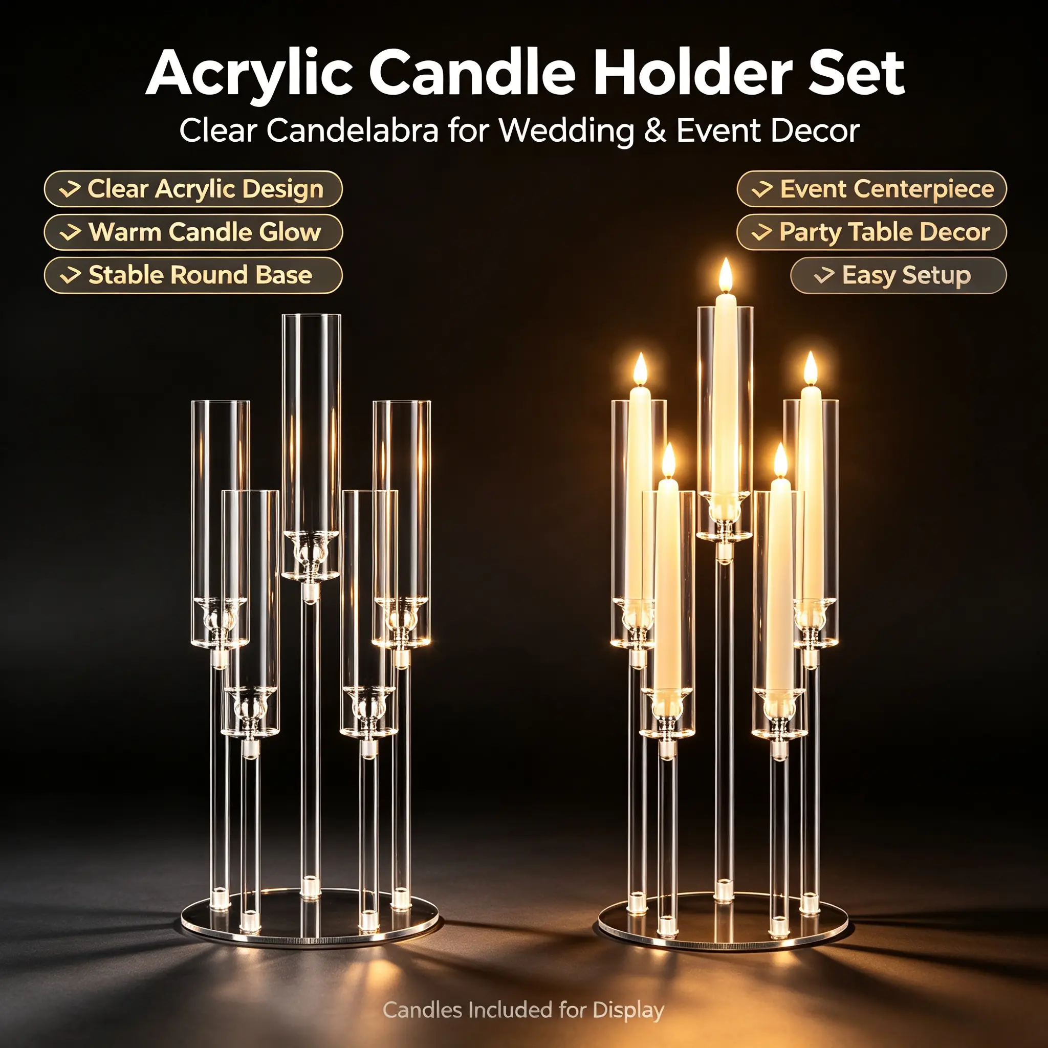 Acrylic 5-Arm Taper Candle Holder - 1/2 Pcs, 25.98in/66cm Tall Decorative Casual Modernist Candelabra, 0.87in/2.2cm LED Candle Fit, Daily Dining Table/Fireplace Centerpiece, Ideal 1pc Housewarming Gift for Home Decor