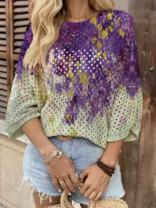 Spring Summer Women's Hollow Out Batwing Sleeve Knit Top, Colorblock Graffiti Print, Casual Elegance Commuter Wear, Boho Beach Cover-Up