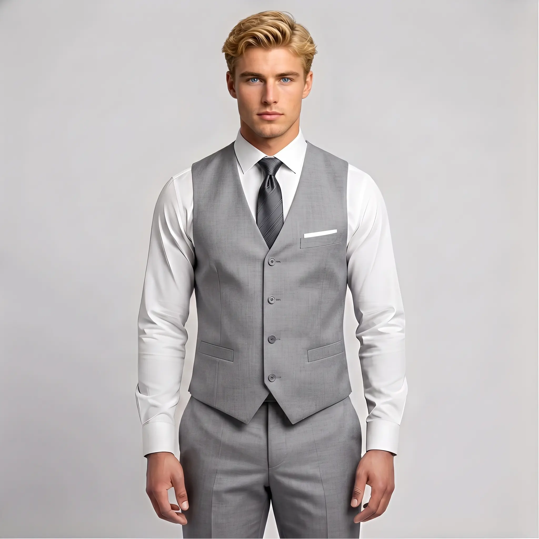 Men’s Slim Fit Timeless Grey Suit Vest - Formal Wear Workwear with Strap, Pocket for Office Meetings, Formal Events, Menswear, Classic