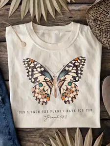 Casual Women'S Christian T-Shirt Featuring a Butterfly Design And a Bible Verse, Made from 100% with Short Sleeves And a Crew Neck.This Oversized Tee Is Suitable for All Seasons And Is Crafted from 180G Fabric