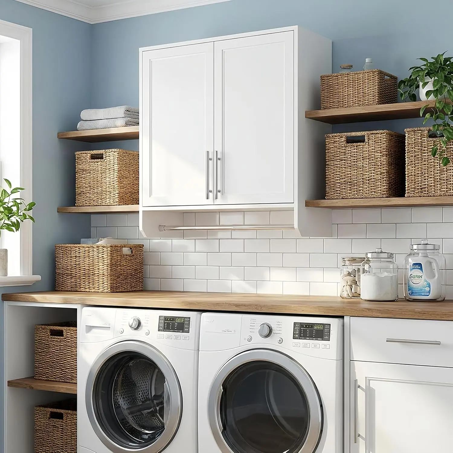 White 29.5 in Wall Cabinet with Towel Bar, Adjustable Shelf & Shaker Door - Wall-Mounted for Laundry Room, Bathroom