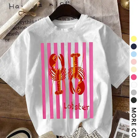 Women's Lobster Print Round Neck Tee, Casual Short Sleeve Crew Neck T-shirt for Daily Wear, Ladies Clothes for All Seasons, Top