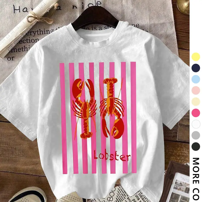 Women's Lobster Print Round Neck Tee, Casual Short Sleeve Crew Neck T-shirt for Daily Wear, Ladies Clothes for All Seasons, Top