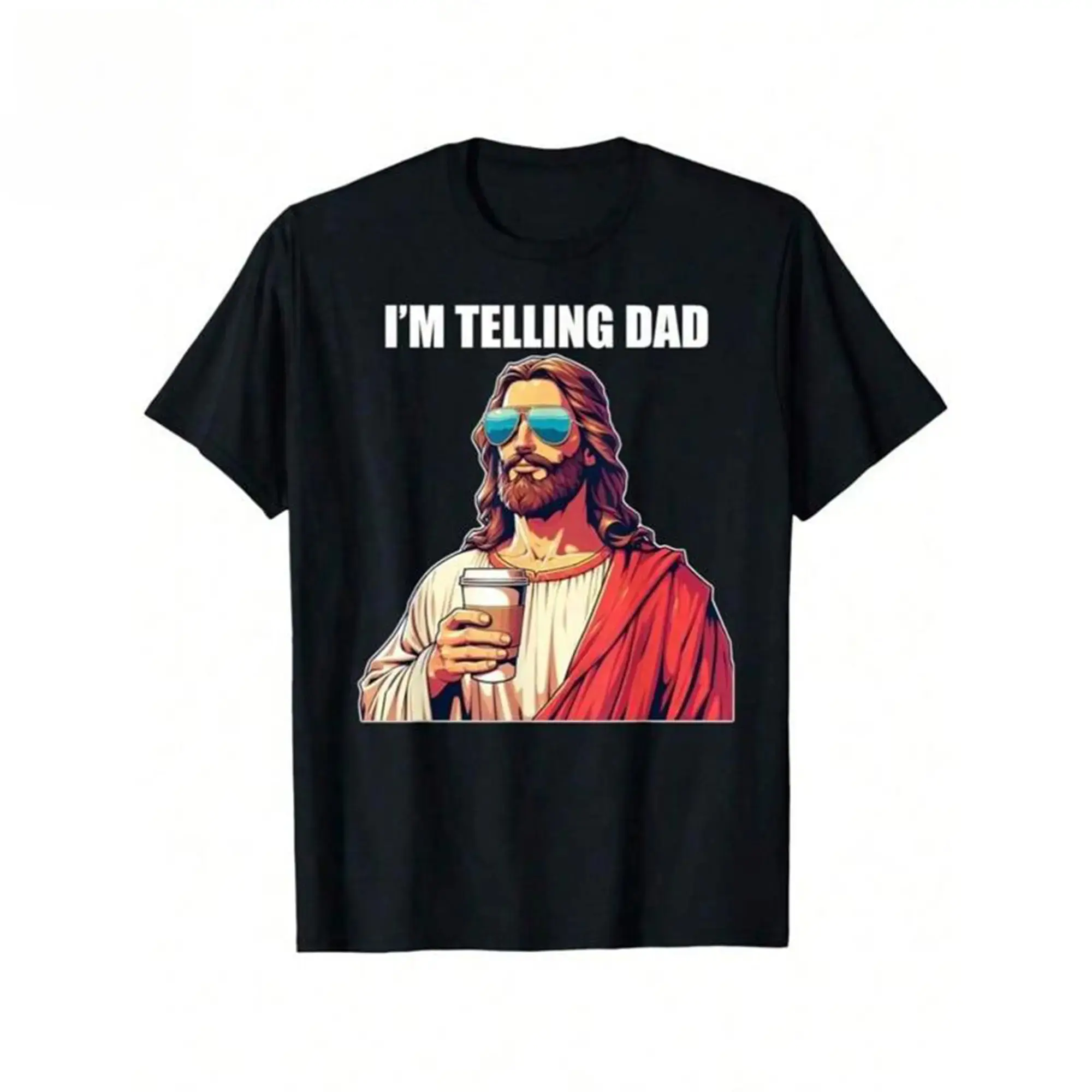 Men's Soft Cotton Short-Sleeve Casual T-Shirt, I'M TELLING DAD Funny Jesus Meme Tee, Christian Humor Shirt