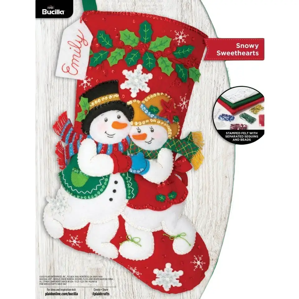 Bucilla® Classic Snowy Couple Beaded Sequin Customizable Embroidered Felt Stocking Kit - Christmas Decoration, Home Supplies, Holiday Gift - 89813E