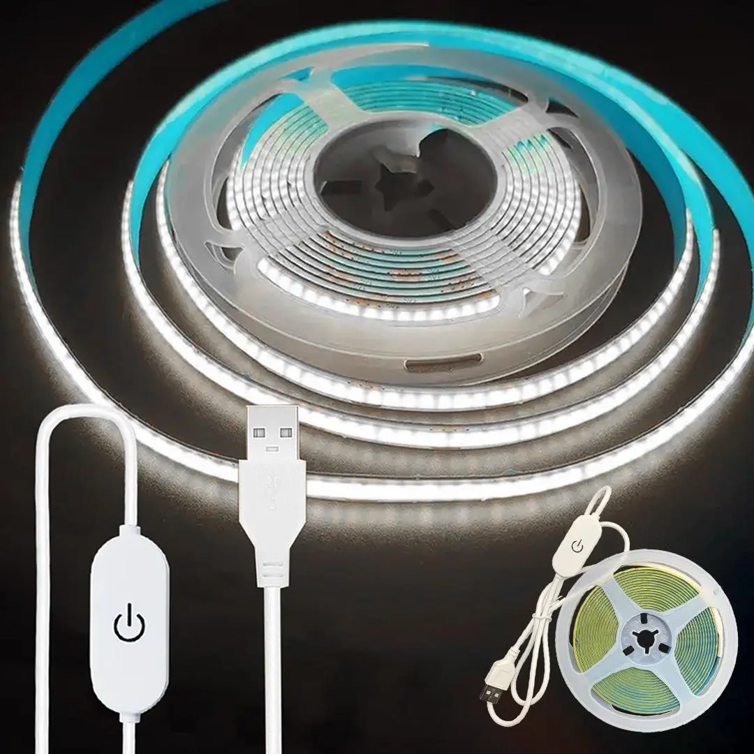USB Powered COB LED Light Strip, 5V High Brightness Touch Switch COB LED Strip Light, Adjustable Lighting LED Tape Light for Bedroom, Cabinet, Backlight, Dimmable Led Light Adjustable Leds, Interior Led Lighting, Led Interior Lights