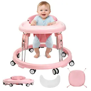 Fold Baby Activity Walker, 7-Level Height Adjustable Infant Push Walker with 8 Anti-Roll Wheels & Brakes, Large Tray & O-Leg Prevention Design (6-18 Months, Up to 22lbs)