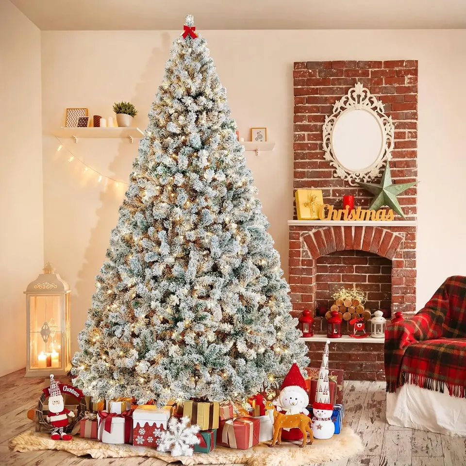9FT Snow Flocked Pre-Lit Artificial Christmas Tree, Full Holiday Xmas Tree with Foldable Metal Stand