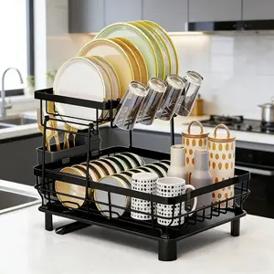 2 Tier Dish Drying Rack for Kitchen Counter Metal Dish Racks Drainers with Knife Cup Utensil Holder,Dish Drainer,Christmas Gift,Black