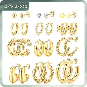 LOYALLOOK 12Pairs Chunky Hoop Earrings Set for Women Trendy Hypoallergenic 14K Gold Plated Stainless Surgical Steel Stud Huggie Earring Stacks Pack Jewelry for Sensitive Ears