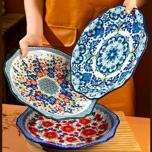 Bohemian Ceramic Dinnerware Set, Ceramic Dish Set, Salad Pasta Steak Chicken Plates, Floral Pattern, Aesthetic, Perfect Gift, Home Dining Decor, 2 Piece Set, Tableware Set