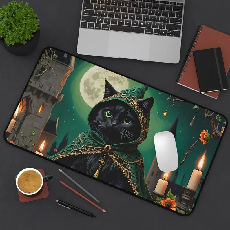 Gothic Green Cat Desk Mat, Cozy Office Decor, Cat Lover Gift, Halloween Home Office Accessory, Witchy Aesthetic Decor