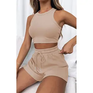 Two-piece Set Women's Solid Waffle Textured Crewneck Sleeveless Shorts Set, Co Ords for Women, Breathable Round Neck Crop Tank Top & Drawstring Pocket Shorts, Co Ord Sets, Ladies Clothes for All Seasons, Women's Shorts Set Casual Womenswear