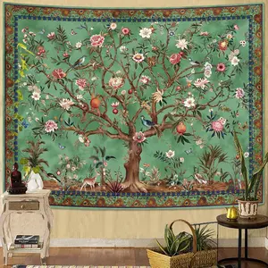Boho Tree of LIfe Tapestry, Vintage Flower Leaves Birds Plant Animal Pattern Tapestries, Retro Indian Bohemian Aesthetic Wall Hanging Green