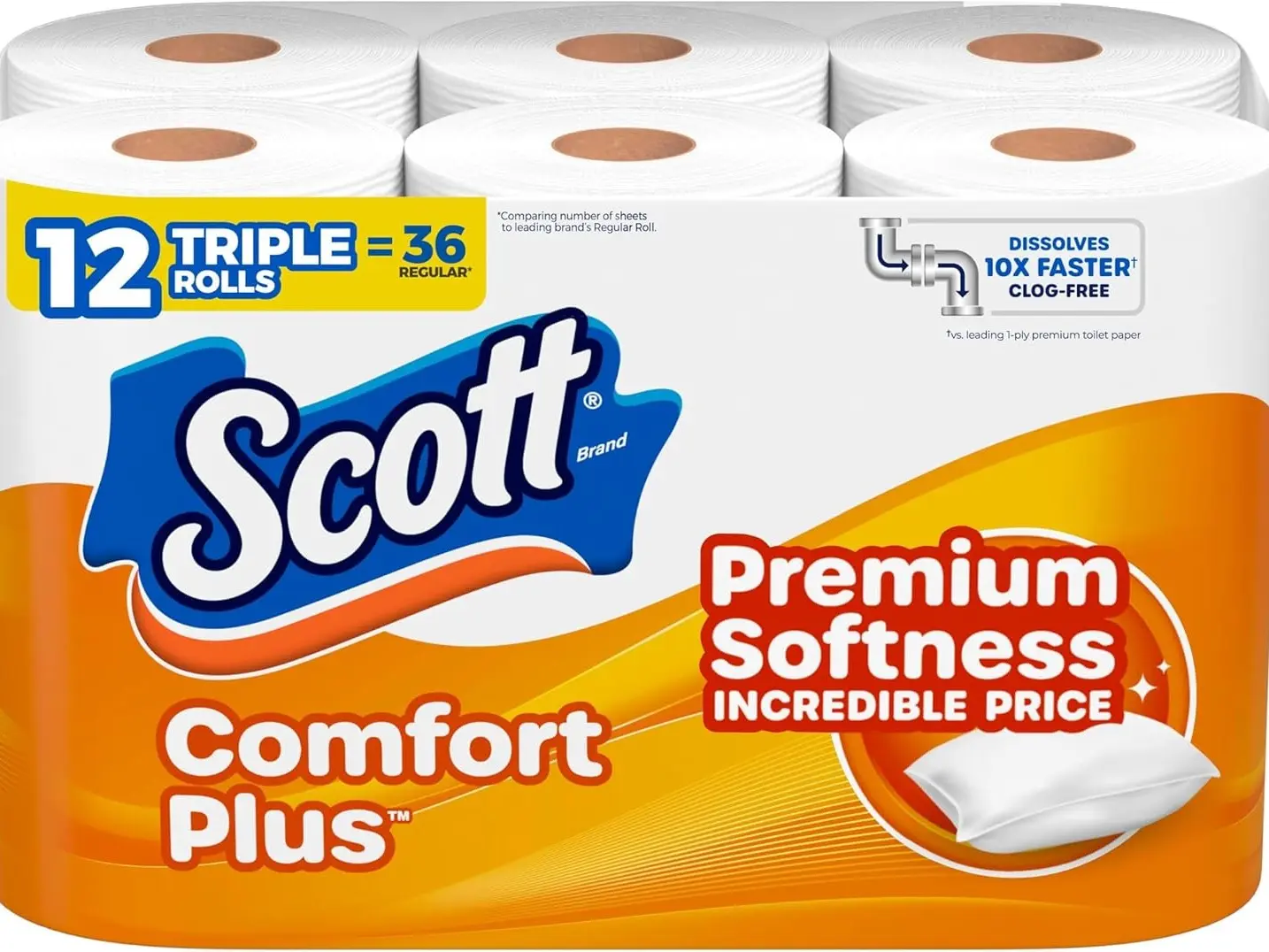 Comfort Plus Toilet Paper, 12 Triple Rolls (36 Regular Rolls), Soft & Strong Bath Tissue, Septic Safe, Dissolves 10X Faster, 231 Sheets Per Roll, Bathroom Tissue Pack, Family Value Pack