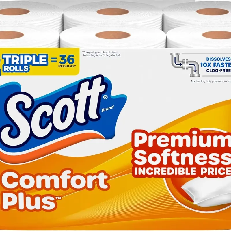 Comfort Plus Unscented Virgin Toilet Paper, 12 Triple Rolls (Equivalent to 36 Regular Rolls), Soft & Strong Septic-Safe Bath Tissue, 10X Faster Dissolving, 231 Sheets Each, 2772 Total Sheets, Family Value Bathroom Pack, Soft Toilet Paper & Wipes