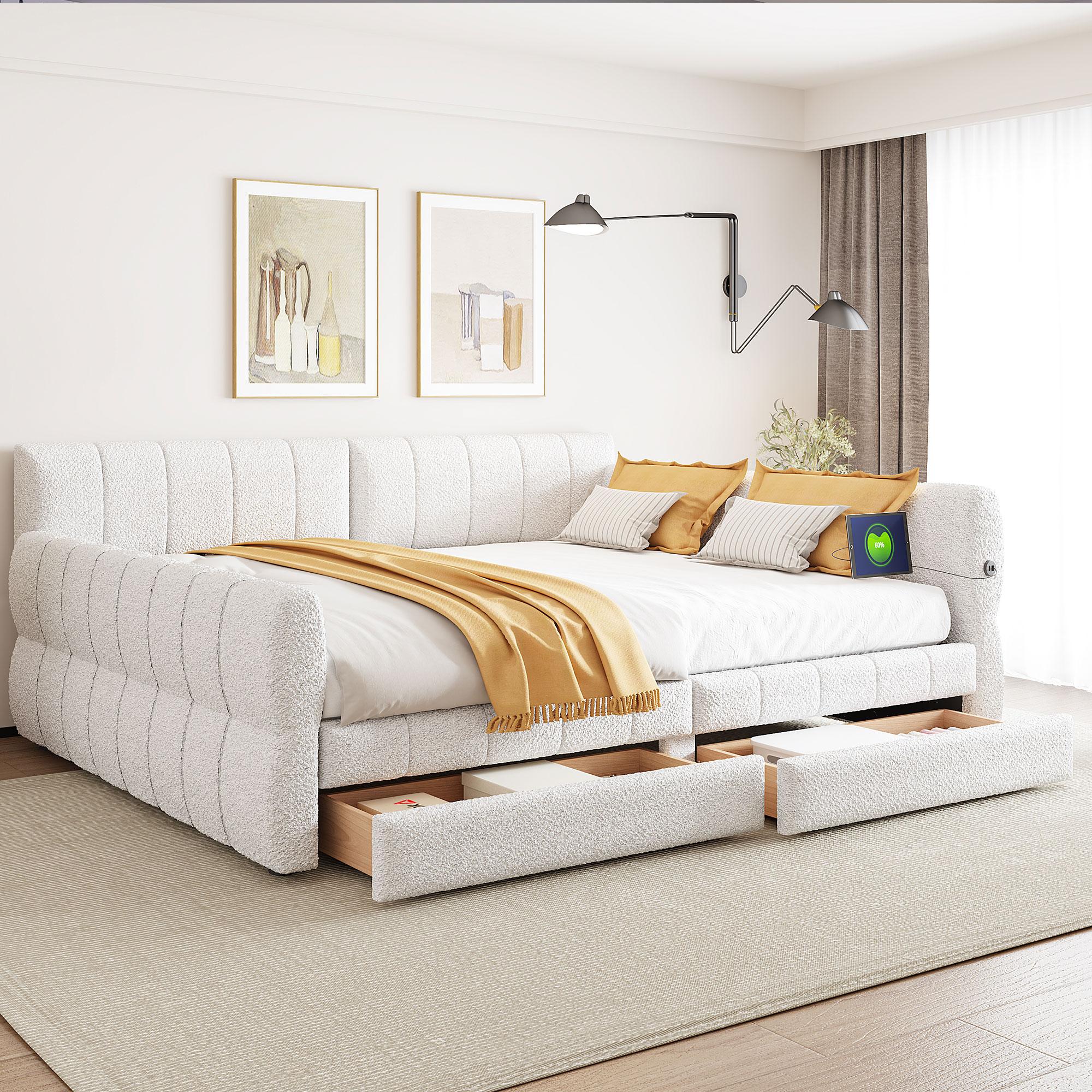 Queen Daybed Frame with 2 Storage Drawers and USB Charging Station, Upholstered Lambswool Sleeper Day Bed Couch with Armrest, No Spring Box Required, Easy Assemble, Beige Queen Daybed Frame with 2 Storage Drawers and USB Charging Station, Upholstered Lambswool Sleeper Day Bed Couch with Armrest, No Spring Box Required, Easy Assemble, Beige