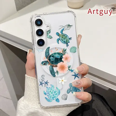 Sea-Turtle Pattern Magnetic Protective Phone Case - Durable Silicone-Acrylic Cover for Samsung Galaxy S22+ S23 Ultra S24 Plus FE S25 S26 Edge Devices, Anti-Drop Shockproof Lightweight Transparent Anti-Yellowing Large Hole Casing, Wireless Charging Support