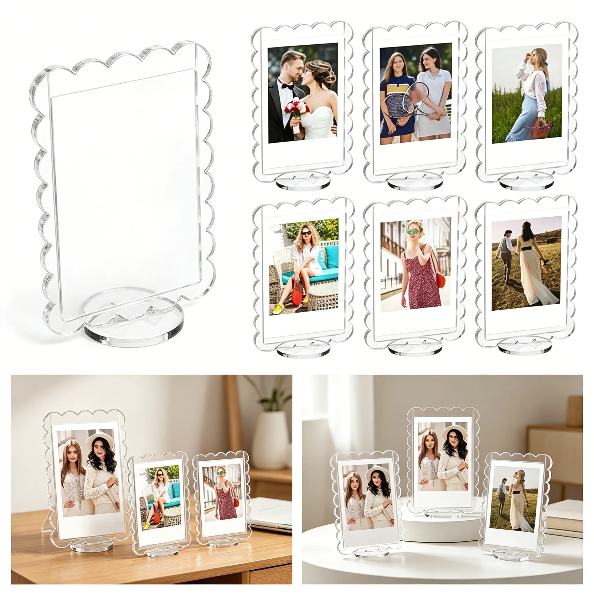 3x4 Acrylic Polaroid Magnets Picture Frame for Refrigerator, Scalloped Clear Frames for Instax Photo, Wallet Size Mini Frame for Fridge