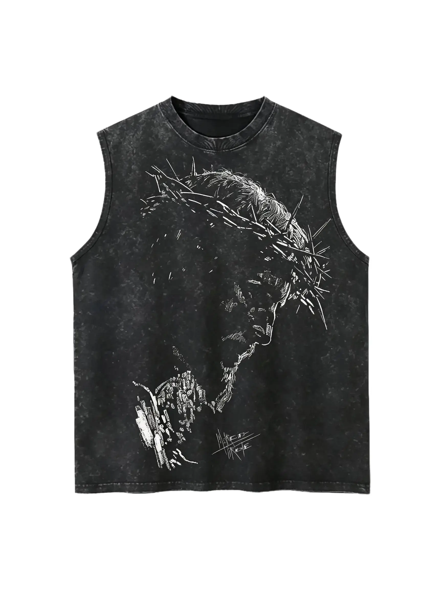 Men's Classic Distressed Black Jesus Graphic Sleeveless Tank Top, 100% Cotton Oversized Loose Fit Washed Vest, Christian Statement Casual Menswear