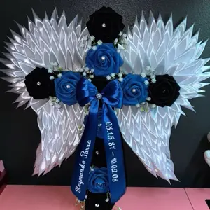 Memorial Cross with Wings and Custom Ribbon