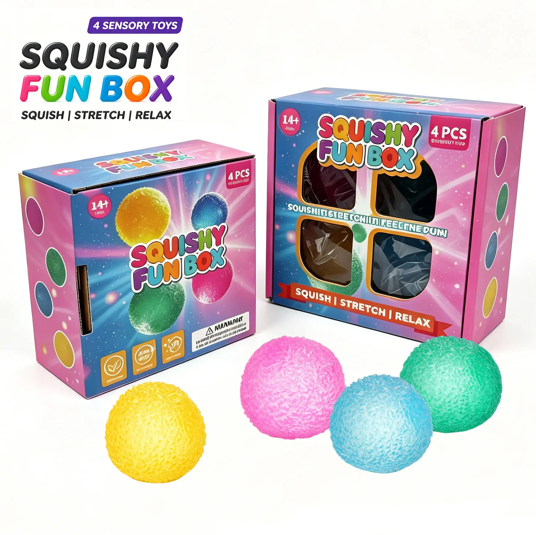 4-Piece Set Squishy Fun Box,Blind Box MaltSugarStress Relief Fidget Toys, Handmade CrystalMochi BallSquishies, Soft Stress Relief Fidgeting Toy,Anxiety FidgetsSensory Play Set for Relaxing & Gifting