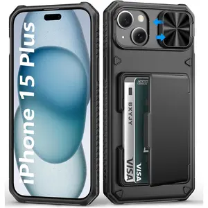 For Iphone 15 plus & 14 plus Wallet Case, Built-In Card Holder(4-5 Cards), Slide Camera Cover, Military Drop & RFID Protection, Heavy Duty Women Men Phone Cases for Iphone 15 Plus/14 Plus, Black BXYJY