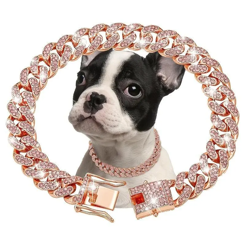 1pcs Dog Chain Collar Faux Diamond Cuban Chain Dog Collar 13mm Wide Dog Necklace Metal Cat Chain Pet Crystal Collar Jewelry Accessories Suitable for Small, Medium, And Large Dogs And Cats