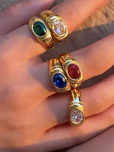 Vintage Style Stainless Steel Double Finger Ring with Colorful Zirconia Inlay, Eco-Friendly Vacuum Electroplated Design, Single Piece Jewelry Accessory, Statement Multi Ring, Cubic Zirconia Ring, Vintage Rings, Elegant Glittering Ring