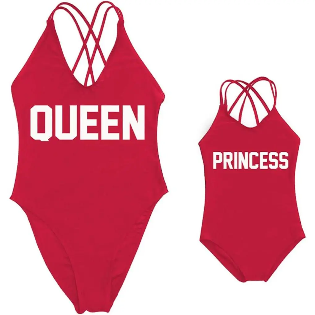 Mommy and Me Matching Family Swimwear Queen & PRINNCESS One Piece Mother Daughter Girl Swimsuits Cross Back Beachwear