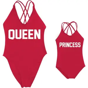 Mommy and Me Matching Family Swimwear Queen & PRINNCESS One Piece Mother Daughter Girl Swimsuits Cross Back Beachwear