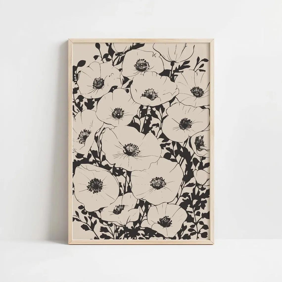 Black and White Poppy Flower Botanical Print Minimalist Line Drawing Wall Frameless poster