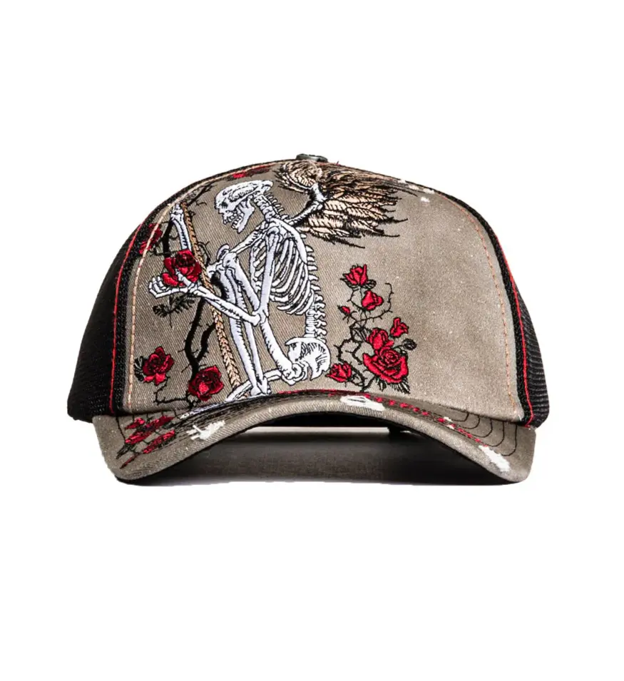 Affliction Men's Winged Reaper Trucker Hat - Adjustable Snapback, Twill & Mesh Panels, Screen Printed Underbrim, Dirty Red Potassium Wash, Mens Hats