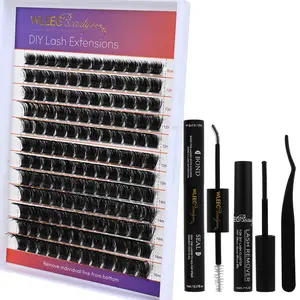 Lash Extension Kit, 280PCS D Curl Lash Clusters Kit with Lash Bond and Seal, Lash Remover, Lash Tweezers, Mix 8-16mm Brown Lash Clusters Wispy, Individual Lashes D Curl Cluster Eyelash Extension  Cosmetic Blend  Makeup for DIY Lash Extension Kit at Home