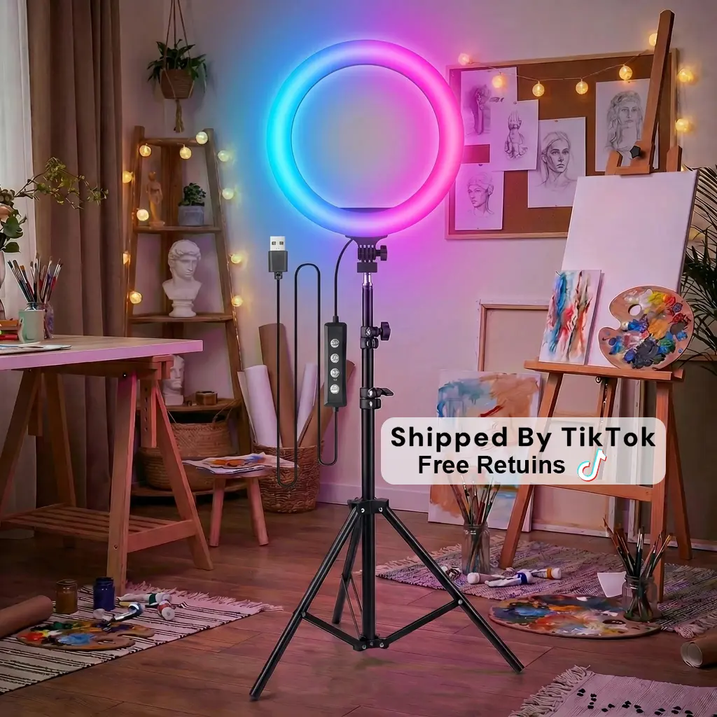 10 Inch RGB Selfie Ring Light with 110cm Metal Tripod Stand - Complete Cellphone/Mobile Phone Accessories Studio Setup for YouTube Videos, Professional Live Streaming