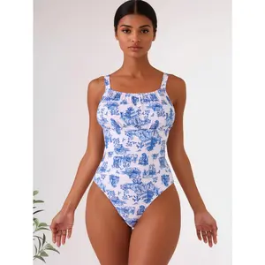 2026 New Women'S Attractive Blue Floral One-Piece Swimsuit for The Beach