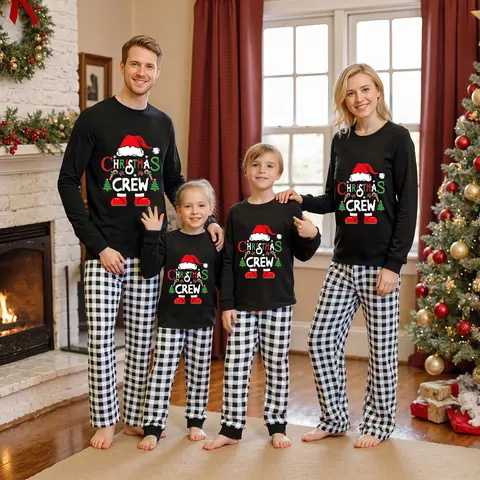 REDWOON Christmas Crew Family Pajamas Christmas Matching 2Piece Set Santa Claus Print Long Sleeve T-Shirt Top + Plaid Pants Sleepwear Soft Nightwear For Xmas Holiday Party Family Gathering