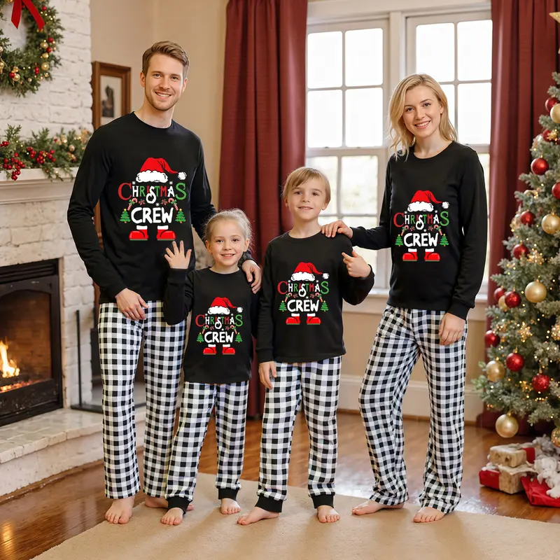 REDWOON Christmas Crew Family Pajamas Christmas Matching 2Piece Set Santa Claus Print Long Sleeve T-Shirt Top + Plaid Pants Sleepwear Soft Nightwear For Xmas Holiday Party Family Gathering