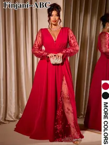 Elegant Plus Size Women's Long Dress for Parties, Contrast Mesh Design, Big V Neck, Casual Fitted Style, Plain Pattern