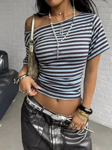 Women's Brown Blue Striped Off Shoulder Crop Top 2026 Y2K Retro Slim Fit Stretchy Short Sleeve T-Shirt With No Ruched Side Casual Going Out Streetwear Summer Daily Trendy Outfits Viral TikTok Made Me Buy It