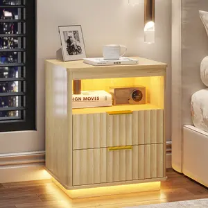 Dystler Nightstand with Charging Station, Farmhouse End Side Table with 2 Drawers and Open Storage, Smart Bedside Table with LED Light & Human Sensor for Bedroom