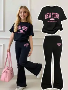 Teen Girl Letter Print Short Sleeve T-Shirt & Bell Bottom Pants Set, Casual Fitted, All Seasons Wear, Youth Fashion, Clothes