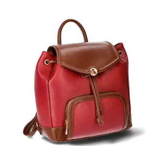 Time and Tru Women's Faux Leather Drawstring Backpack, Persimmon/Brown Chestnut with Adjustable Strap and Top Handle