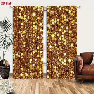 2D Flat 2 - Piece Set Golden Sequin Curtain Backdrop, Shimmering Round Bead Grid Design, Reflective Festive Decor for Party Wedding Stage Background Decoration
