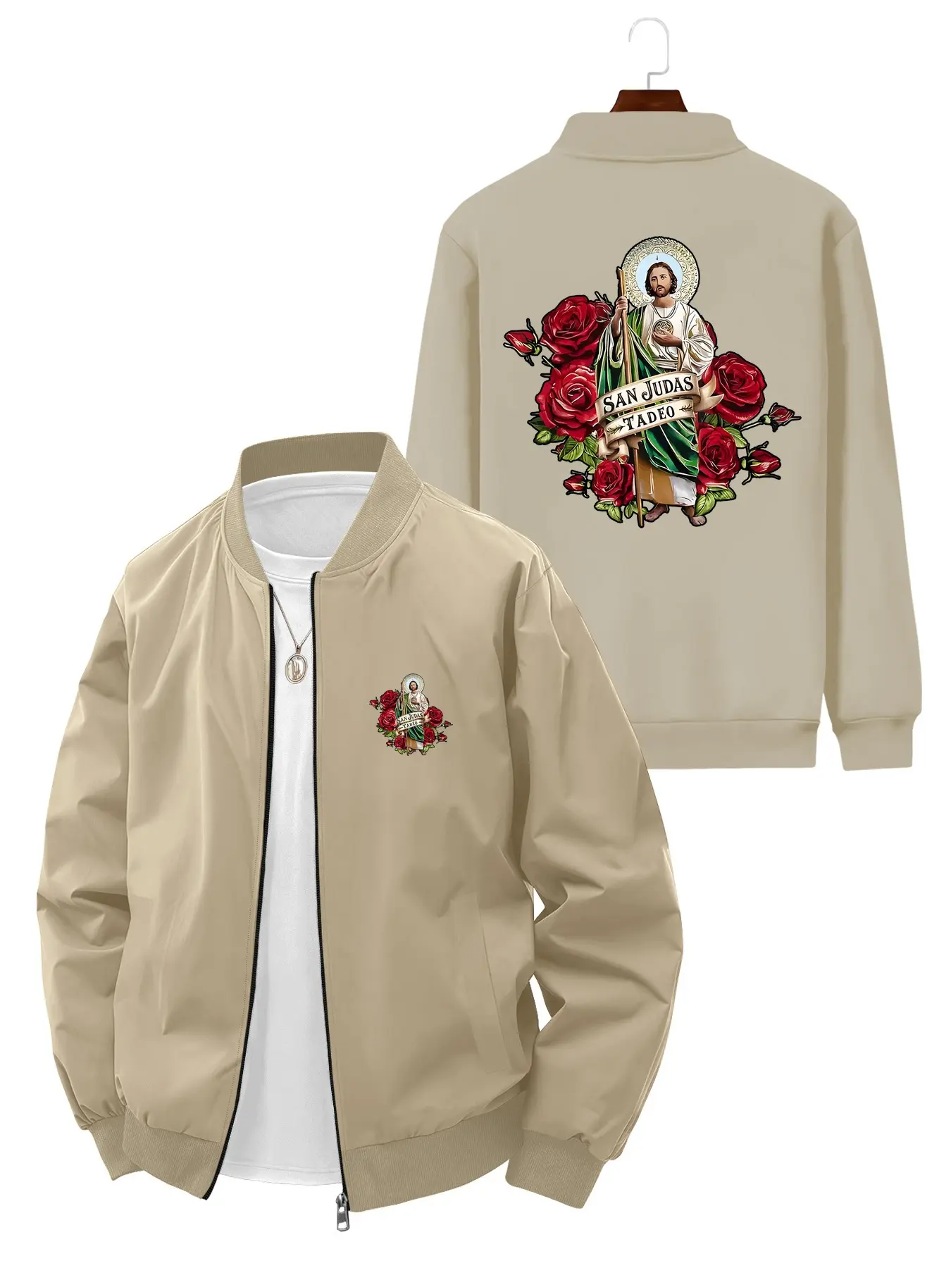Stylish Personalized Men's San Judas Tadeo Floral Rose Pattern Long Sleeve Bomber Jacket Coats Casual Fashionable Jacket Casual Jackets for Daily Casual Wear and Occasions Casual Trendy Coat