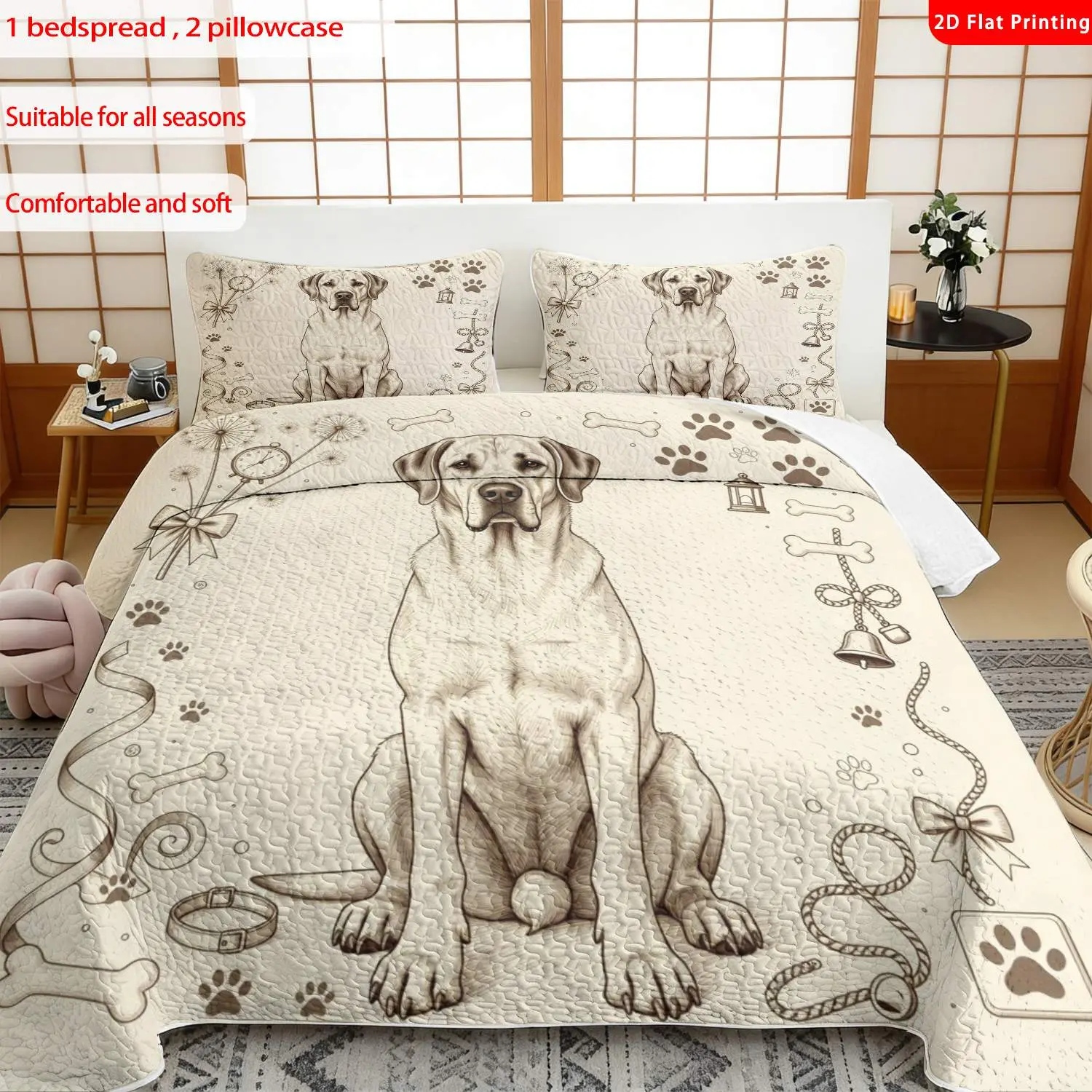 3pcs, 2D Flat Print Vintage Sketch Style Bed Cover Set with Labrador Dog & Pet Elements, Multiple Sizes Available, Bedding Set, Festive Decorative Bedding, Ideal for Bedroom Décor(1 bedspread , 2 pillowcase)