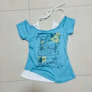 Women's Vintage Halter 2-Piece Look Crop T-Shirt - 2026 Summer New Y2K Retro Short Sleeve Baby Tee, Asymmetric Hem, Floral Print, Casual Lightweight Polyester Sexy Essential Womenswear Top
